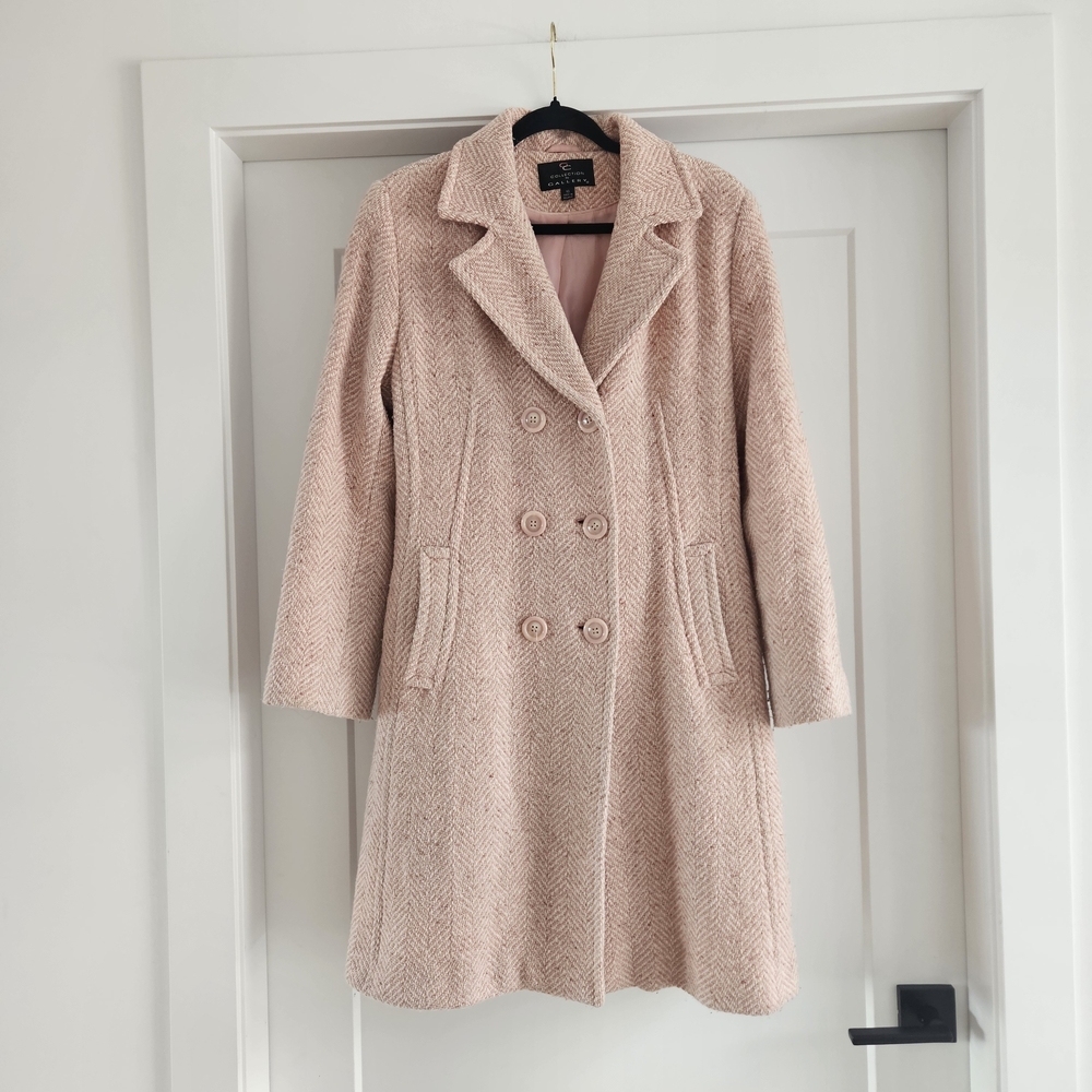 Pink Herringbone Double-breasted Long Peacoat Y2k Tweed Size 10 Wool Blend